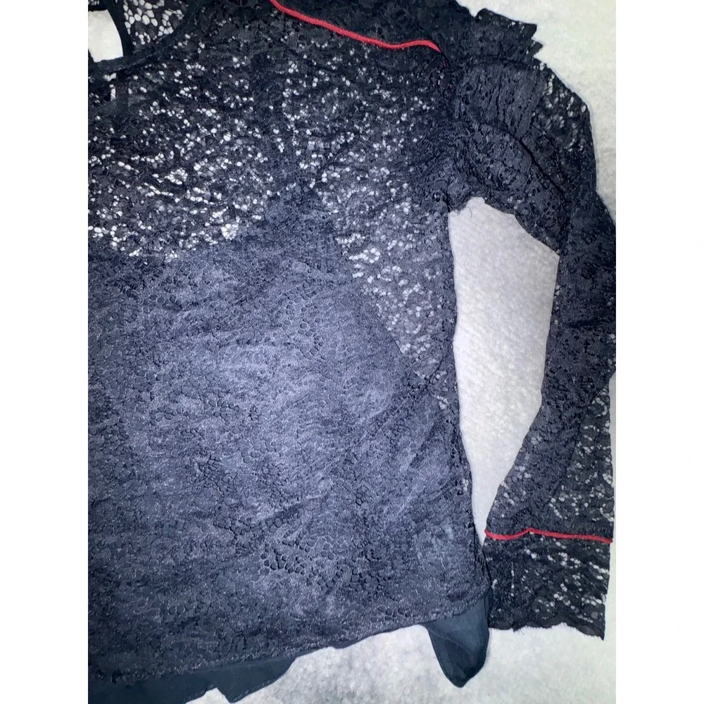 (B6) Zara Navy Blue Floral Lace Long Sleeve Blouse Red Piping Sheer Top XS NWT